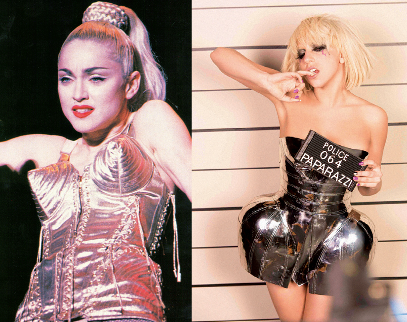 Hai nữ ca sĩ cá tính Madonna và Lady Gaga đều rất chuộng mốt áo corset trong biểu diễn