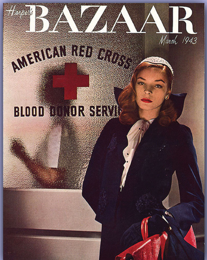 Bìa tạp chí Harper’s Bazaar tháng 3/1943 với hình ảnh người mẫu Lauren Bacall trong bộ trang phục đậm chất thời chiến trước cửa Hội chữ thập đỏ Hoa Kỳ 