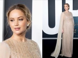 Jennifer Lawrence tái xuất thảm đỏ với bụng bầu và đầm lụa sequin Dior